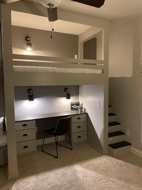 Bedroom Into An Office, Closet Bedroom Ideas, Loft Bed Studio Apartment, Bedroom Ideas Closet, Walk Closet, Aesthetic Wardrobe Closet, Design Walk In Closet, Loft Bed Ideas For Small Rooms, Closet Behind Bed