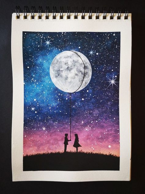 Playful Canvas Painting Ideas for Kids and Adults Acrylic Painting Ideas About Love, Oil Pastel Love Drawings, Beautiful Moon Drawing, Couple Moon Painting, Painting Of Love Couples, Canvas Painting Ideas For Love, Romantic Scenery Painting, Love Art Acrylic Paintings, Sunset With Stars Painting