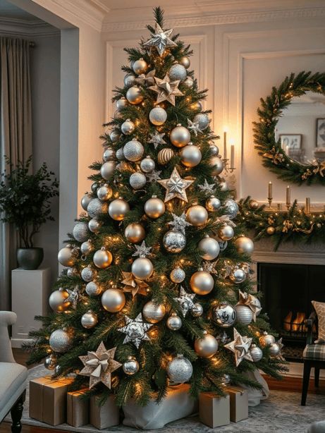 28 Classy Christmas Tree Decor Ideas Christmas Tree Ideas Classy, Silver And Gold Christmas Tree, Classy Christmas Tree, Christmas Tree Decor Ideas, Tree Decor Ideas, Ornament Display, Monochromatic Color Scheme, Classy Christmas, Glass Bauble