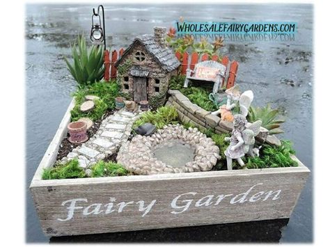 Like pond and light Simple Fairy Garden, Fairy Garden Box, Fairy Garden Design Ideas, Fairy Garden Bench, Indoor Fairy Gardens, Fairy Garden Plants, Fairy Garden Designs, Miniature Fairy Garden, Fairy Furniture