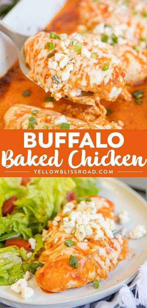 Baked Buffalo Chicken Breasts are tender and juicy, smothered in spicy buffalo sauce and melted cheese. It's a simple, 3-ingredient baked chicken recipe. #chickenrecipes #dinner #buffalochicken via @yellowblissroad Baked Buffalo Chicken Breast, Spicy Buffalo Sauce, Buffalo Chicken Breast, Chicken Lombardy Recipes, Yellow Bliss Road, Chicken Lombardy, Baked Chicken Recipe, Buffalo Chicken Recipes, Baked Buffalo Chicken