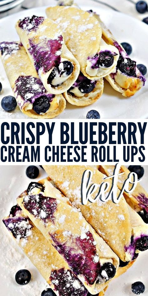 Crispy Keto Blueberry Cream Cheese Roll-Ups #crispyketoblueberrycreamcheeserollups #crispyblueberrycreamsheeserollupsm Keto Blueberry Cream Cheese, Cream Cheese Roll Ups, Cheese Roll Ups, Keto Quiche, Cream Cheese Roll Up, Low Carb Backen, Keto Blueberry, Cheese Rolls, Cheese Roll