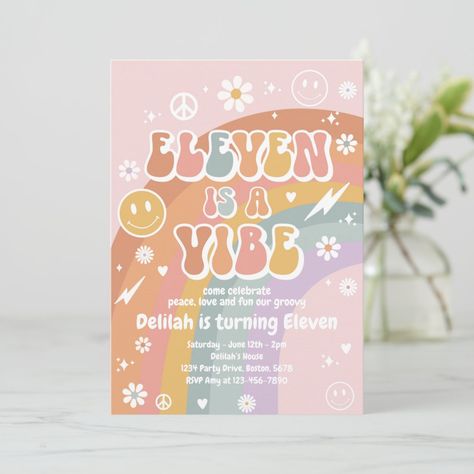 Eleven Is A Vibe Groovy Peace Rainbow Birthday Invitation Eleven Is A Vibe Birthday, Groovy Birthday Party Invitations, 11 Is A Vibe Birthday, Coachella Party Invitations, Groovy Aesthetic Birthday, Groovy 6th Birthday Party, Birthday Invitations Aesthetic, Groovy Invitations, Hello Kitty Invitation Card