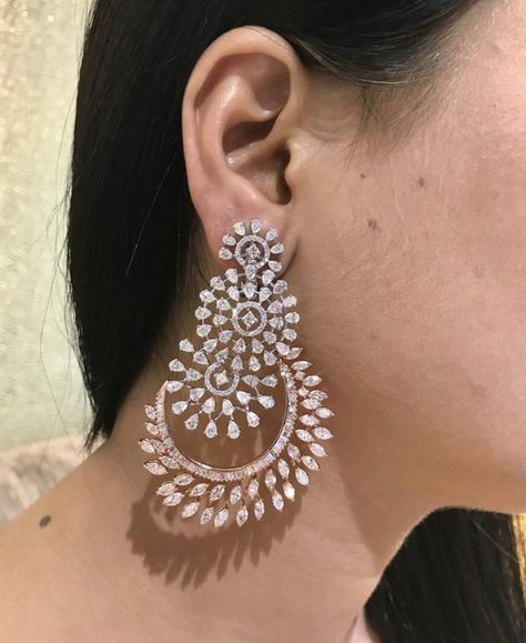 Chand Bali Earrings Diamond, Dimand Earing, Chand Bali Earrings, Modern Diamond Jewelry, Diamond Jhumkas, Chand Bali, Chunky Jewellery, Earring Long, Real Diamond Necklace