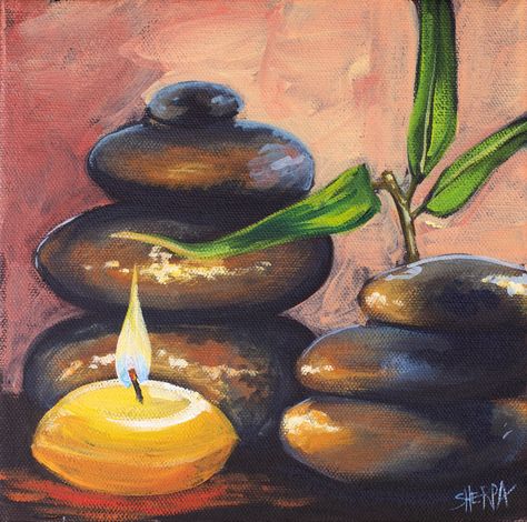 How to paint Zen Stacked Stones and Candle  Acrylic April Daily Painting on Canvas step by step, free video lesson and traceable. Day 6 Enjoy this Beginners step by step how to paint full acrylic art lesson! Paint better in 30 days. Image is property of The Art Sherpa and intended for the Students Personal education and Enjoyment. For questions regarding using any Art Sherpa painting in a commercial setting labs@theartsherpa.com #AcrylicApril #AcrylicApril2020 #AcrylicAprilItsNoJoKe #AACH Candle Art Painting, Painting For Beginners Videos, Image Zen, Zen Stones, Canvas Painting For Beginners, Art Sherpa, The Art Sherpa, Painting Step By Step, Arte Aesthetic