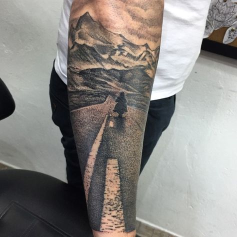 Pin by Alexandr Zherdev on тату | Biker tattoos, Forearm sleeve tattoos, Highway tattoo ideas Highway Tattoo Ideas, Road Tattoo Design, Highway Tattoo, Mia Tattoo, Berg Tattoo, Tattoos Forearm, Freedom Tattoos, Harley Davidson Tattoos, Cool Nature