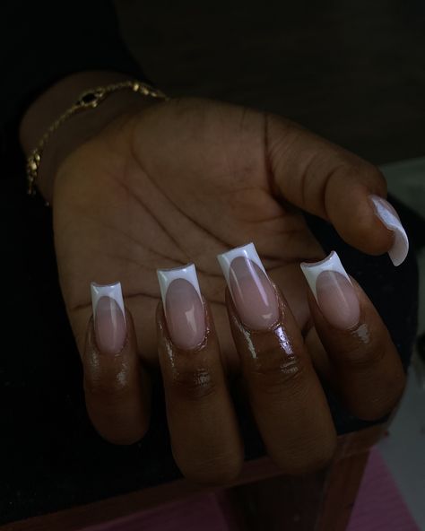 French tips would forever be the pinnacle of the class and the clean girl aesthetic 😌 Drop a 🤍 if you agree #nailsnailsnails#nailart#frenchtipnails#explorepage Deep White French Nails, Black French Tip Black Women, White Square French Tip Nails, Long White French Tip Nails, French Tips Aesthetic, 2000s French Tip Nails, Square Nails French Tip, French Tip Square, Square French Tip