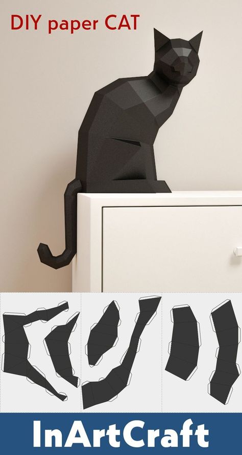 Cardboard Cat Sculpture, Cat Paper Craft Template, Papercraft Cat Template, 3 D Paper Crafts, 3d Paper Animals, Animal Paper Craft, Papercraft Animals, Poly Animals, 3d Cats