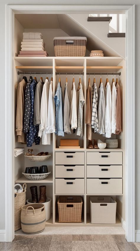 Staircase Storage Under Stairs Over Stairs Closet, Under Stair Organization, Small Sloped Closet Ideas, Under Stairs Clothes Closet, Under Stair Closet Storage, Under Stair Closet Organization, Stair Organization, Understairs Storage Closet Ideas, Understairs Cupboard Ideas