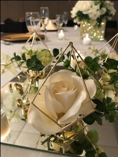 Gold geometric centerpieces with greenery and white roses.  Created by The Centre at Bluffton Ceremony Centerpieces, Homemade Centerpieces, Pretty Wedding Centerpieces, Cheap Wedding Centerpieces, Beautiful Wedding Centerpiece, Fall Wedding Ceremony, Simple Wedding Centerpieces, Gold Centerpieces, White Centerpiece