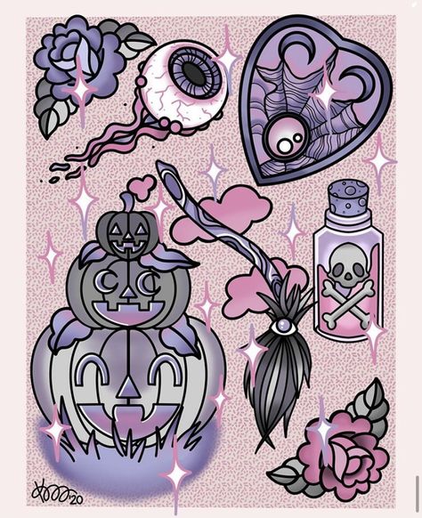 Kawaii Halloween Tattoo, Goth Tattoo Ideas Creepy Cute, Goth Tattoo Flash Sheet, Halloween Flash Sheet, Creepy Kawaii Tattoo Ideas, Cute Spooky Art, Spooky Kawaii Tattoo, Lil Spooky, Kawaii Spooky Art