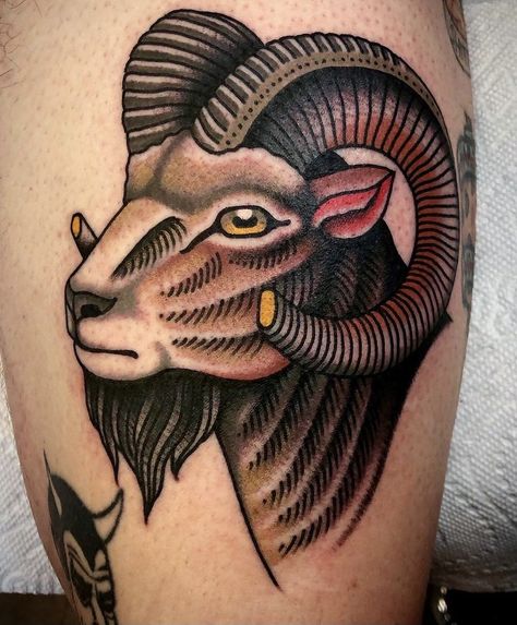 Ram Tattoo Traditional, American Traditional Goat, Trad Family, Traditional Ram Tattoo, Traditional Goat Tattoo, Ram Tattoo Design, Tattoo Goat, Traditional Tattoo Stencils, Tattoo Painting