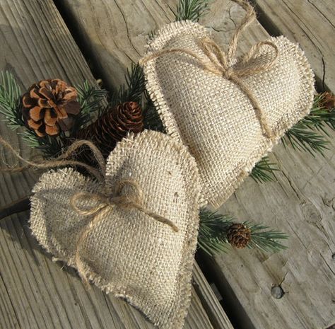 Rustic burlap heart ornaments                                                                                                                                                                                 More Burlap Christmas Decorations, Burlap Ornaments, Burlap Projects, Burlap Crafts, Burlap Christmas, Burlap Flowers, Navidad Diy, Heart Ornament, Homemade Christmas