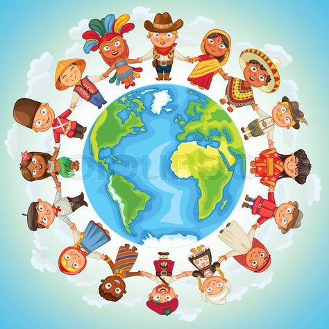 Stock vector of 'Multicultural character on planet earth cultural diversity traditional folk costumes. Different culture standing together holding hands. Unity people from around the world. Vector illustration' Diversity Poster, Irish Genealogy, School Murals, 3d Printed Metal, Unity In Diversity, Cultural Diversity, People Of The World, Planet Earth, Earth Day