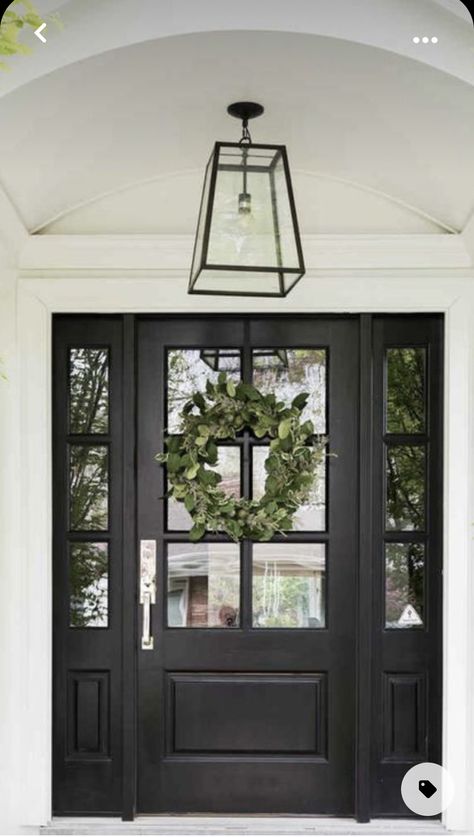 Black Entryway Doors Exterior, Black Modern Entry Door, Wide Black Front Door, Farmhouse Front Door Black, Decorative Glass Front Door, Elegant Front Doors, Black Farmhouse Front Door, Black Double Front Door, Arizona Cabin