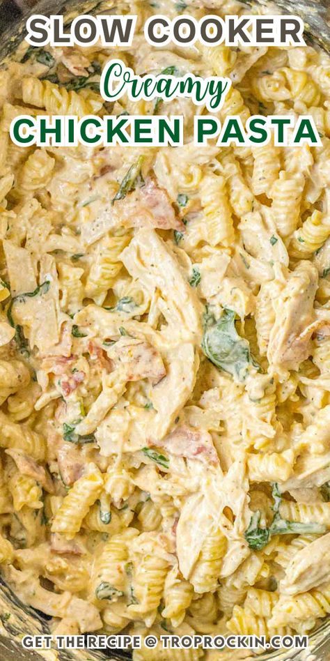 Slow Cooker Creamy Ranch Chicken Pasta, Chicken Bacon Ranch Pasta Crockpot Slow Cooker, Crockpot Chicken And Ranch, Chicken Spinach Pasta Crockpot Recipes, Chicken Spinach Cream Cheese Crock Pot, Crock Pot Chicken Ranch Recipes, Crockpot Creamy Chicken Pasta, Crock Pot Chicken Bacon Ranch Pasta, Crock Pot Chicken Pasta