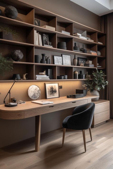 Home Study Ideas Interior Design, Modern Minimal Home Office, Dark Wood Office Design, House Office Interior Design, Minimalist Office Room, Home Office With Tv, Working Room Design, Dual Monitor Setup Home Office Ideas, Bedroom Workspace Ideas