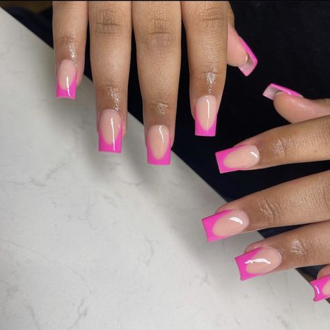 Pink French Nails Square, Hot Pink Frenchies, Dark Pink French Tip Nails, French Tip Hot Pink, Neon Pink French Tips, Hot Pink French Tips, Hot Pink French Tip Nails, Beginner Nail Designs, Pink French Nails