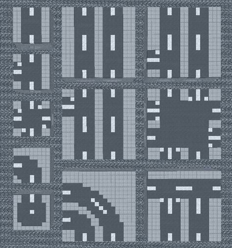 The road tileset overview Minecraft Road Layout, Minecraft Street Design, Minecraft City Roads Design, Minecraft City Roads, Minecraft Street House, Minecraft Building Templates, Minecraft Road Design, Minecraft City Street, Minecraft Street Ideas