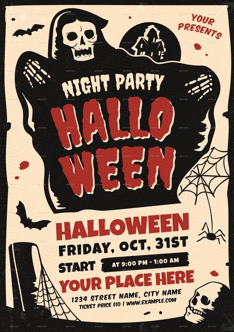 Halloween Movie Night Flyer, Spook Show Posters, Halloween Poster Prints, Vintage Halloween Graphic Design, Halloween Costume Contest Flyer, Halloween Flyer Ideas, Halloween Party Template, Retro Halloween Poster, Vintage Halloween Party Ideas