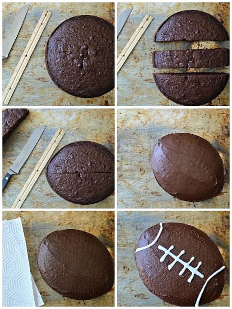 How to make a football cake without a speciality pan Football Desserts, Football Birthday Cake, Football Party Foods, Bowl Party Food, Football Snacks, Football Birthday Party, Football Party Food, Football Cake, Superbowl Snacks