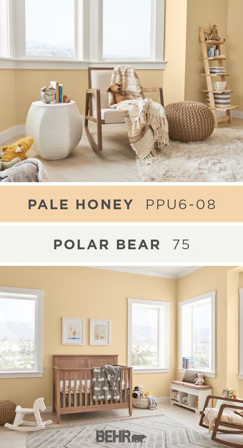 Adding a calming style to this baby nursery, Behr Paint in Pale Honey and Polar Bear form the perfect neutral color palette. Warm shades of tan and clean, crisp shades of white are a natural combination. Learn how you can create this look in your own home. Click below for more color details. Behr Paint Nursery Colors, Nursery Yellow Walls, Nursery Paint Colors Behr, Yellow Nursery Paint Colors, Warm Yellow Paint Colors, Neutral Nursery Paint Colors, Paint Colors Behr, Nursery Paint, Color Palette Warm