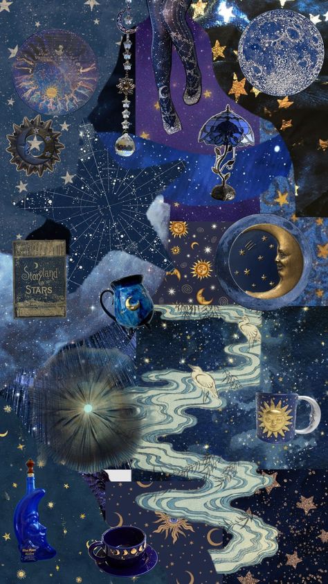 #space #whimsical #whimsigoth #celestial #darkblue Goblin Aesthetic, Whimsical Celestial, Blue And Gold Wallpaper, Season Of The Witch, Gold Wallpaper, Pretty Wallpapers Backgrounds, Cute Wallpaper Backgrounds, Halloween Wallpaper, Phone Themes