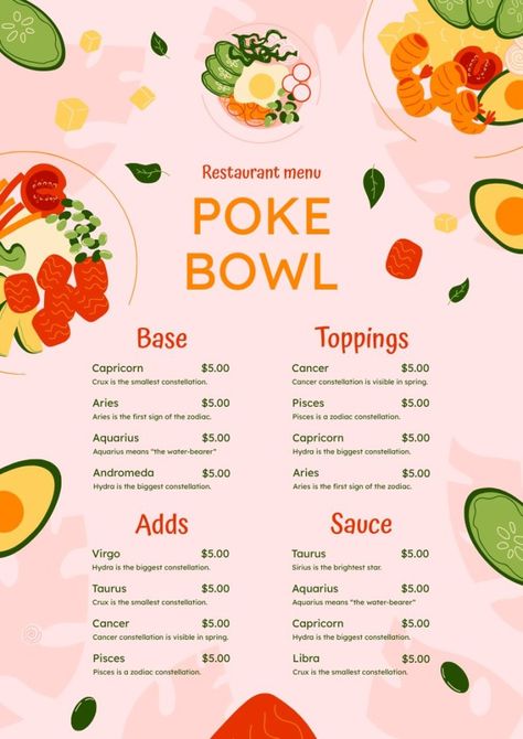 Hand-drawn Flat Leaves Poke Bowl Restaurant Menu Poke Menu Design, Poke Bowl Restaurant Design, Poke Bowl Menu, Poke Bowl Restaurant, Poke Restaurant, Hawaiian Poke Bowl, Spiritual Shop, Restaurant Menu Template, Restaurant Flyer