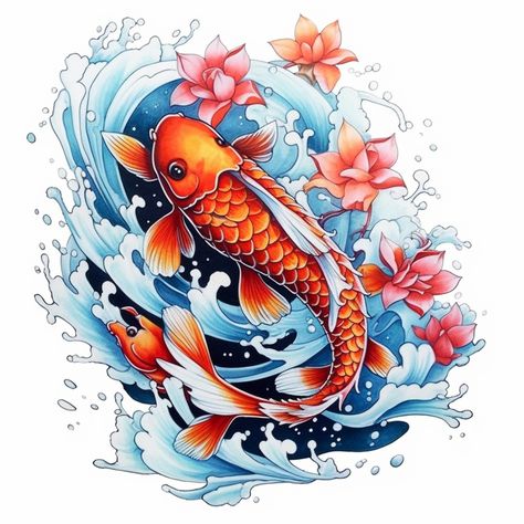 Koi Fish Tattoo With Color, Koi Fish Tattoo In Color, Koi Fish Tattoo Traditional Japanese Art, Koi Fish Tattoo Design, Coy Fish Tattoo Colorful, Traditional Japanese Koi Fish Art, Legs Tattoo, Fish Tattoo Design, Koi Fish Colors