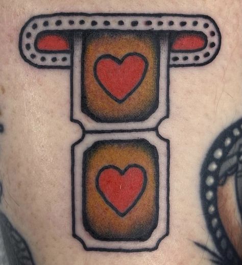 8ball Tattoo Traditional, Traditional Treasure Chest Tattoo, American Traditional Chili Pepper Tattoo, Womens Traditional Leg Tattoos, Traditional Lesbian Tattoo, American Trad Filler, Stamp Tattoo Traditional, Valentines Traditional Tattoo, Trad Tattoo Gap Fillers