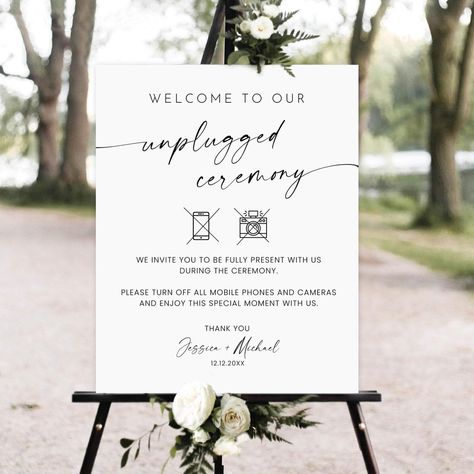 PRICES MAY VARY. This lovely Customizable Welcome Sign a perfect way to warmly welcome your guests to your Unplugged Wedding or special event. Multiple size options 4 mm corrugated plastic Weatherproof & fade-resistant Don’t forget to add your stand after designing! Stands are not included as a default Get seen day after day with messages you can place and re-place wherever you want. Our affordable yard signs are fade-resistant and made of durable corrugated plastic, but portable enough to take Ceremony Signs Wedding, Wedding Signs For Ceremony, Wedding Officiant Business, Ceremony Welcome Sign, Wedding Ceremony Sign, Wedding Camera, Unplugged Ceremony, Welcome Sign Wedding, Ceremony Sign