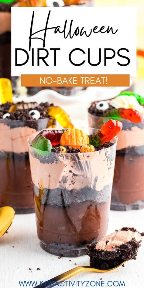 Halloween Dirt Cups has layers of chocolate instant puddings, crushed Oreos and is topped with Halloween candy. It's a quick and easy Halloween recipe and no bake dessert. Halloween Dirt Cups For Kids, Halloween Dirt Cups, Dirt Cake Cups, Halloween Dirt, Autumn Treats, Dirt Cups, Easy Snacks For Kids, Dirt Cake, Easy Halloween Food