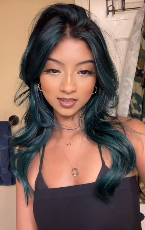 Dark Green Hair On Brown Hair, Dark Hair Color Ideas For Winter Money Piece, Forest Green Peekaboo Hair, Dark Aqua Hair, Blue Jean Hair Color, Green Tinted Hair, Black Teal Hair, Dark Green Blue Hair, Dark Green Highlights In Black Hair