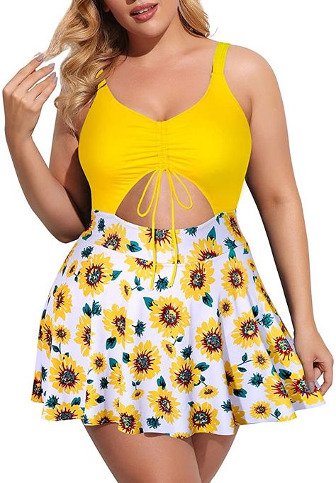 Yonique Women Plus Size One Piece Swimsuits with Skirt V Neck Floral Printed Swimdress Cutout Bathing Suits at Amazon Women’s Clothing store Swimsuits With Skirt, One Piece Swimsuit With Skirt, Printed Swimdress, Bathing Suit Skirt, Vintage Bathing Suits, Skirted Swimsuit, Yellow Swimsuits, Swimsuit With Shorts, Plus Size One Piece