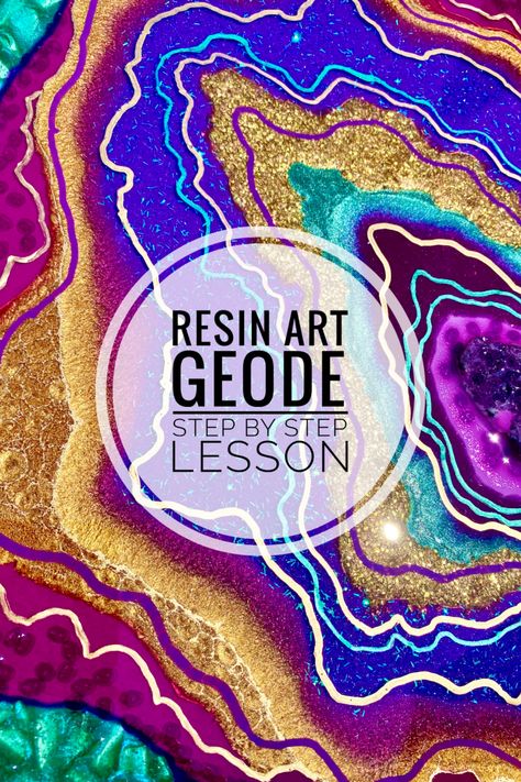 Resin Art Geode Step by Step Lesson - easy DIY project for learning how to create your own artwork. Experimenting with a different color palette keeps things interesting. Tips along the way to better understand some of the products used. Resin Geode Painting, Geode Painting Diy, Resin Geode Art Tutorial, Geode Art Resin, Resin Art Ideas Projects, Canvas Resin Art, Geode Art Print, Diy Resin Wall Art, Crystal Tutorial