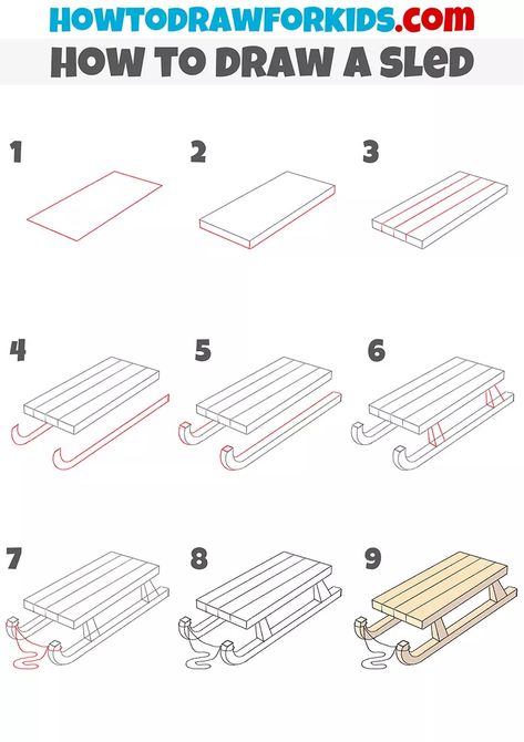 How to Draw a Sled - Easy Drawing Tutorial For Kids How To Draw A Sled Easy, Holiday Drawings Winter, Sledding Drawing, How To Draw Christmas Stuff, Sled Drawing, Christmas Window Painting, Learn To Sketch, Indoor Recess, Easy Drawing Tutorial