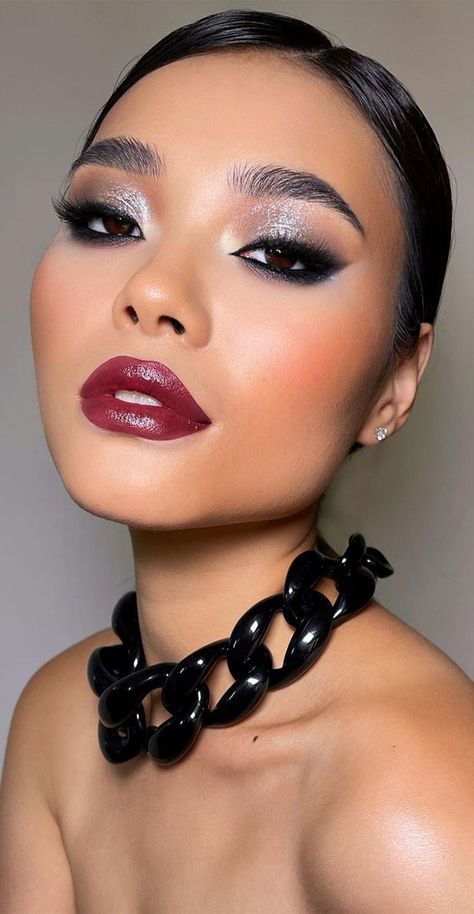 Smokey Eye Bold Lip, Black Eyes Red Lips, Red Lip Silver Eye Makeup, Silver Eyes Red Lips, Silver Eyeshadow Red Lips, Silver Makeup Red Lips, Silver Eye Red Lip, Silver Red Makeup, Bold Eye And Lip Makeup