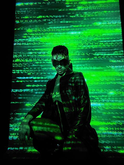 Matrix Vibes Aesthetic, Technology Photoshoot Ideas, Matrix Aesthetic Photoshoot, Matrix Style Fashion, Matrix Aesthetic Outfit, Matrix Fashion Aesthetic, Neon Green Photoshoot, Matrix Inspired Photoshoot, Cyberpunk Photoshoot Ideas