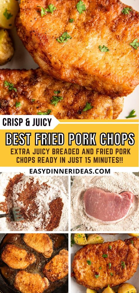 With a golden-brown crust and an herby spice rub, these juicy fried pork chops are a must-try comfort food dinner that only takes 15 minutes to make. Served with a quick and creamy gravy made with the leftover pan drippings, don't be surprised by how quickly they disappear! Fried Pork Chops Dinner, Friend Pork Chops, Potato Chip Pork Chops, Pork Chop Recipes Crispy, Fried Breakfast Pork Chops, Pork Chop Recipes Breaded Crumbs, Oven Fried Pork Chop Recipes, The Best Fried Pork Chops, Pork Chop Recipes Frying Pan