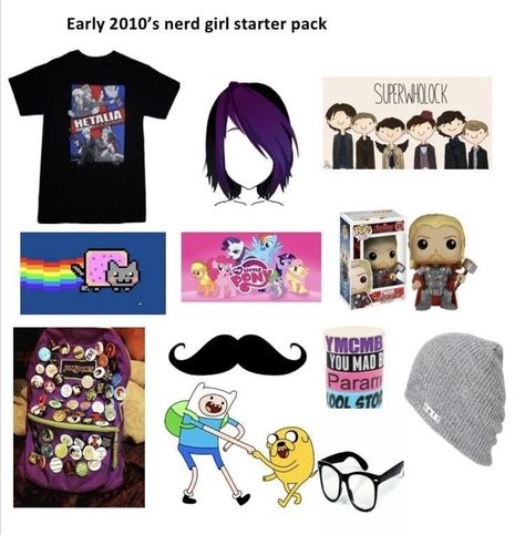 Emo Starter Pack, Early 2010s Aesthetic, 2010 Emo, Scene Emo Fashion, Hello Kitty Guitar, Niche Aesthetic, Nerd Outfits, 2010s Nostalgia, Got Characters