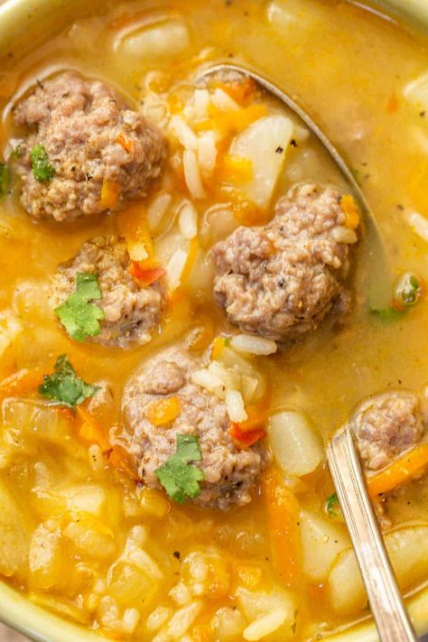 Pork And Rice Soup, Meatball And Rice, Meatball Rice, Meatball Soup Recipes, Gumbo Soup, Soups For Kids, Meatballs And Rice, Fagioli Soup, Rice Soup Recipes