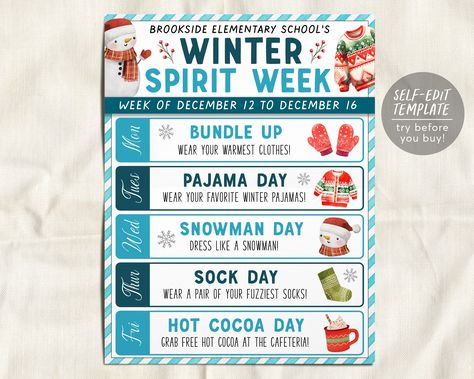 December Spirit Week Ideas, November Spirit Week Ideas, Winter Spirit Week Ideas, Christmas Spirit Week Ideas For Work, Thanksgiving Spirit Week Ideas, Winter Spirit Week, Holiday Spirit Week, Kids School Organization, Spirit Week Ideas