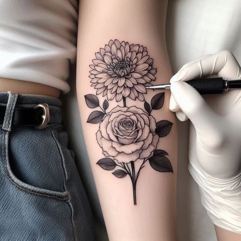 Chrysanthemum & Rose flower Birth Flower Tattoo for November & June Rose And Chrysanthemum Tattoo, Matching Tattoo Idea, November Flower Tattoo, November Birth Flower Tattoo, Name Flower Tattoo, November Flower, Poppy Flower Tattoo, November Birth Flower, Chrysanthemum Tattoo