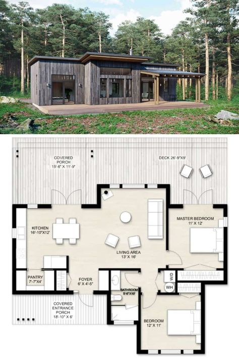 Small Cabin House Plans, Small Cabin House, Modern Cabin House, One Bedroom House Plans, Contemporary Cabin, Small Cottage House Plans, One Bedroom House, Small Cottage Homes, Cottage Floor Plans