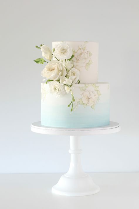 Blue Gradient Wedding Cake, Wedding Cake Designs 2 Tier Blue, Pastel Blue Wedding Cake, Blue Wedding Cake 2 Tier, Simple Wedding Cake Blue, Ombre Wedding Cake Blue, Blue Wedding Cake Ideas, Blue Ombre Wedding Cake, Wedding Cake Designs Blue