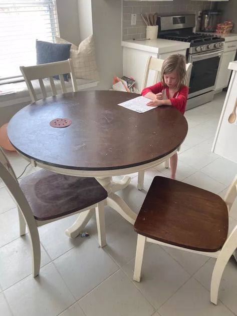 This is my second time using the “Retique It Liquid Wood” product to give a veneer table a lighter wood finish. This stuff is great for adding a layer of real word on any hard surface that is stainable. Because my kitchen table wasn’t real world, I couldn’t just sand it down to get the lighter finish I was desiring. Table BEFORE. This dark cherry wood showed every crumb, smear, and fingerprint. Retique at Liquid Wood is made out of 66% recycled real wood that you can paint on witho… Painting Laminate Table, Retique It Liquid Wood, Kitchen Table Ideas, Weathered Wood Stain, Retique It, Liquid Wood, Painted Table Tops, Refinished Table, Oak Dining Room Table