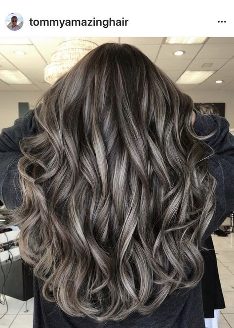 Dark Hair With Gray Roots, Dark Brown Hair Ash Blonde Highlights, Grey Blending Highlights Dark Brown Curly Hair, Brunette Silver Highlights, Silver Grey Highlights On Dark Hair, Grey Highlights Brown Hair, Dark Brown With Ash Blonde Highlights, Brunette With Platinum Highlights, Dark Hair Ash Highlights