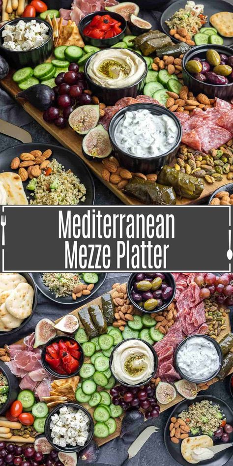 Our Mediterranean version of a charcuterie board, this mezze platter is piled high with meats cheeses, fruits, vegetables, dips, and spreads. This appetizer platter can be any combination of your favorite Mediterranean dishes and/or ingredients. We lean heavily towards Greek items when we make our platter, but there is no wrong way to do it. You can draw from all the Mediterranean regions. Mediterranean Buffet Ideas, Mezze Platter Ideas, Mediterranean Mezze, Mediterranean Snacks, Meze Platter, Mezze Platter, Mediterranean Appetizers, Italian Appetizer, Dips And Spreads