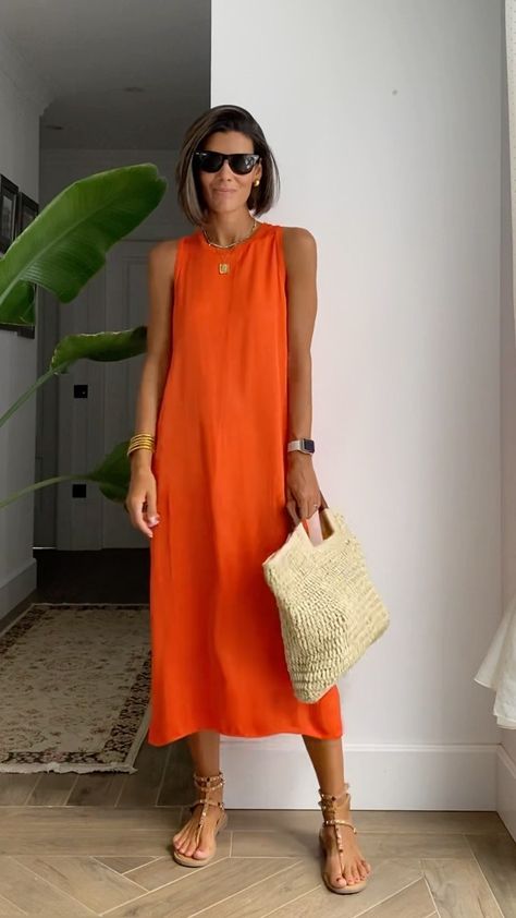 Orange Dress Outfits, Maxi Dress Outfit, Stylish Summer Outfits, Elegante Casual, Mode Casual, Summer Dress Outfits, Orange Dress, Mode Inspiration, Spring Summer Outfits