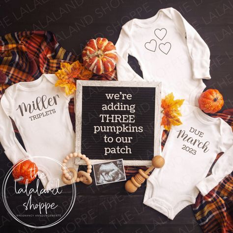 Fall Triplet Pregnancy Announcement, We Triplet Pregnancy Announcement, Triplet Pregnancy, Triplets Pregnancy, Twin Baby Announcements, Gender Neutral Rainbow, Fall Baby Announcement, Twins Announcement, Digital Twin, Twin Pregnancy Announcement